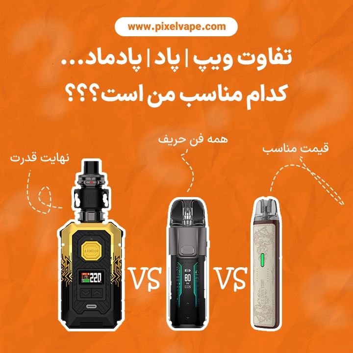 تفاوت ویپ و پاد و پادماد ، کدام یک مناسب من است؟ کدام یک را بخرم؟، راهنمای خرید ویپ، راهنمای خرید پاد، راهنمای خرید پادماد، معرفی پاد، معرفی ویپ، معرفی پادماد
